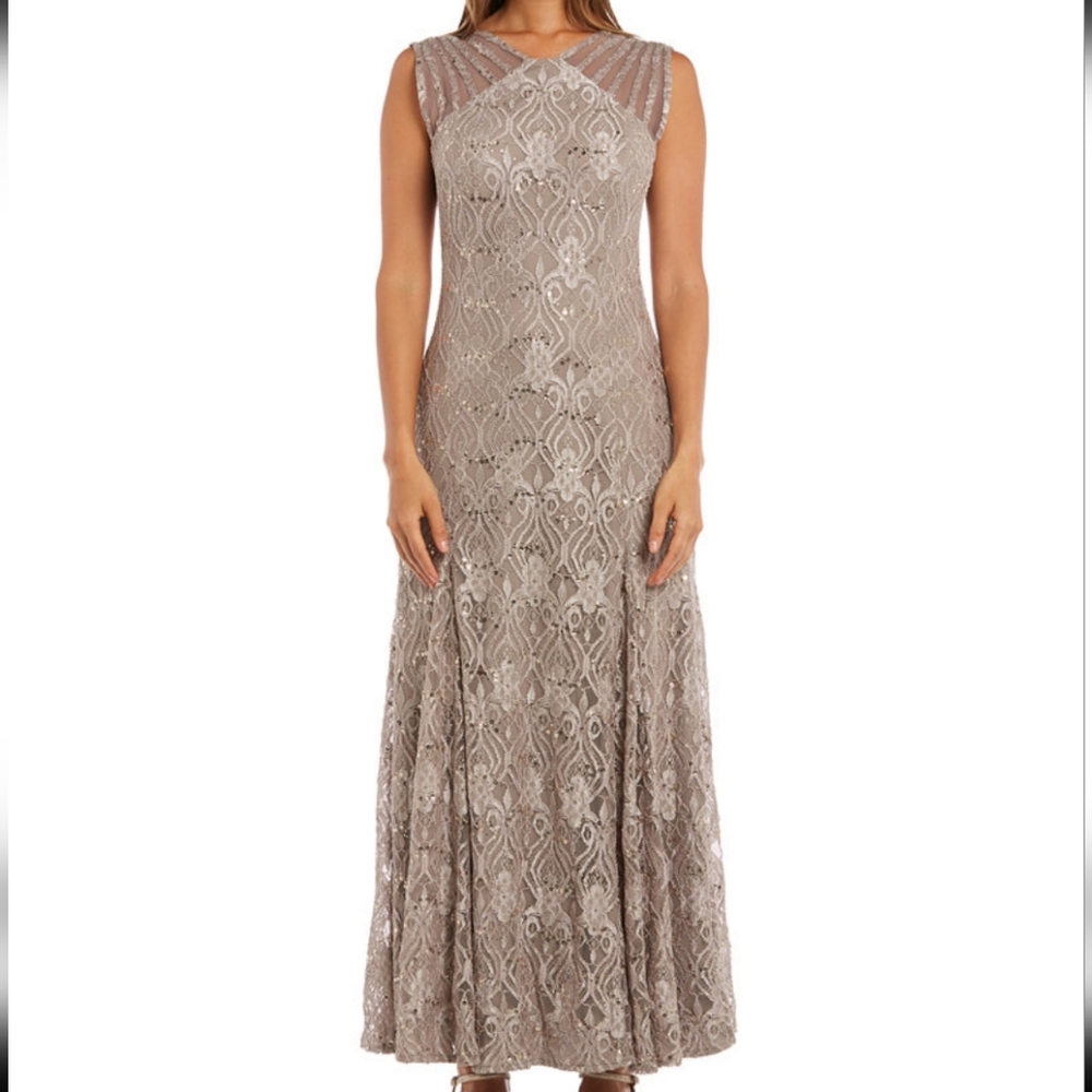 R&M Richards Women's Long Embellished Illusion-Detail Lace Gown Size 10P NWT